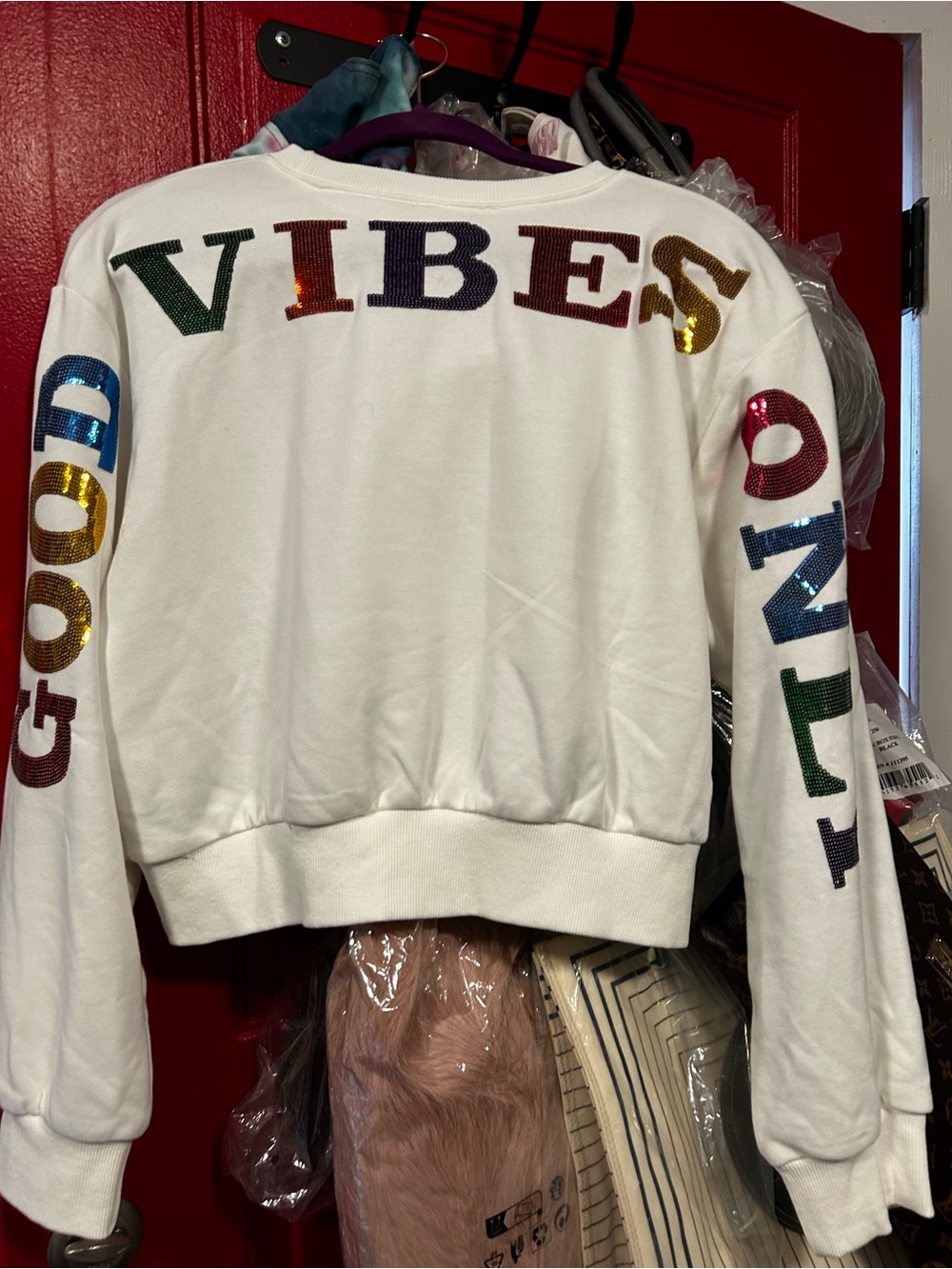 BellanBlue White Sequin 'VIBES' Crewneck Sweatshirt with Multicolor Accents